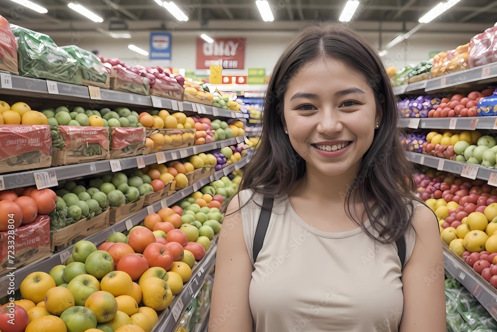 Joyful Young Woman Smiles While Shopping in the Fruits and Vegetables Section