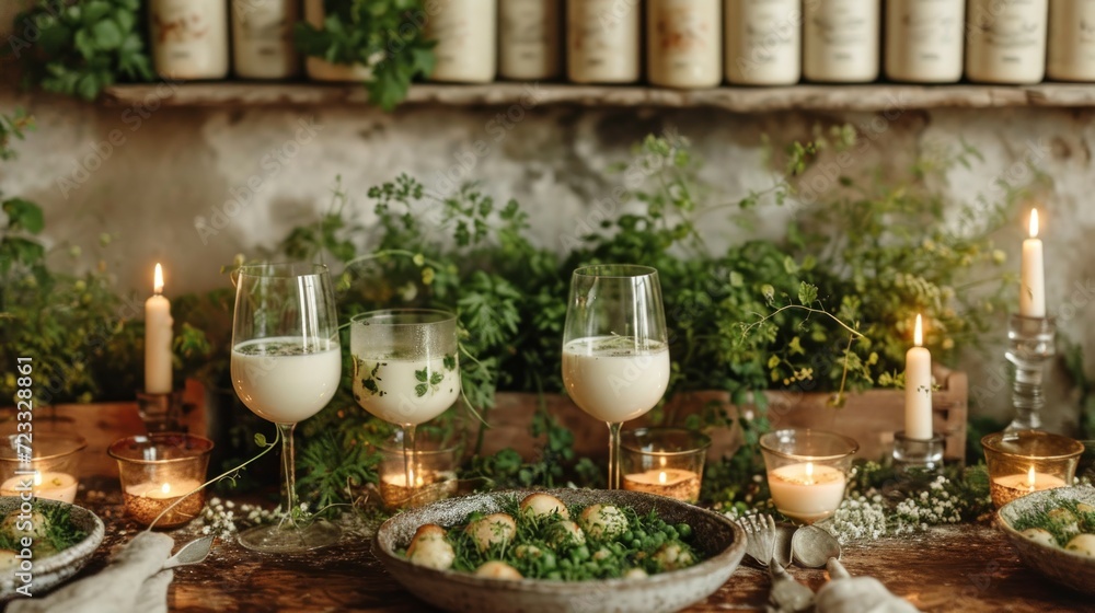  a table topped with plates of food and glasses filled with liquid next to candles and bottles of wine on top of a wooden table covered with greenery and candles.
