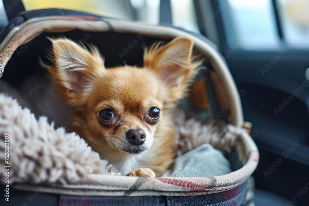 Pet carrier holds tiny Chihuahua inside vehicle