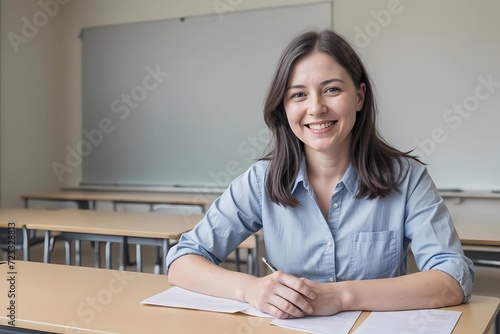 Smiling Young Female Teacher Grading Papers in Classroom