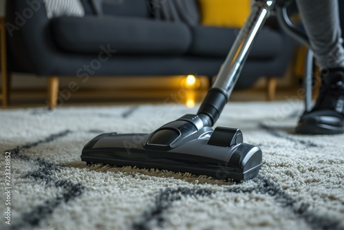 Person using vacuum cleaner at home to clean carpet in a close up view