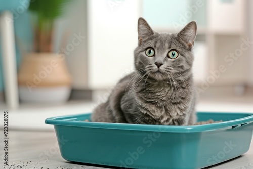Pet care for an adorable grey cat indoors near litter box