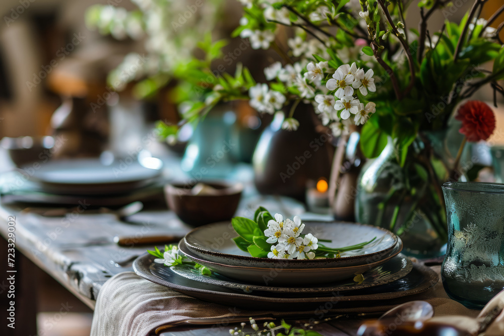 Spring table setting. Dishes and flowers on set table for festive dinner