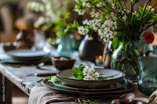 Spring table setting. Dishes and flowers on set table for festive dinner