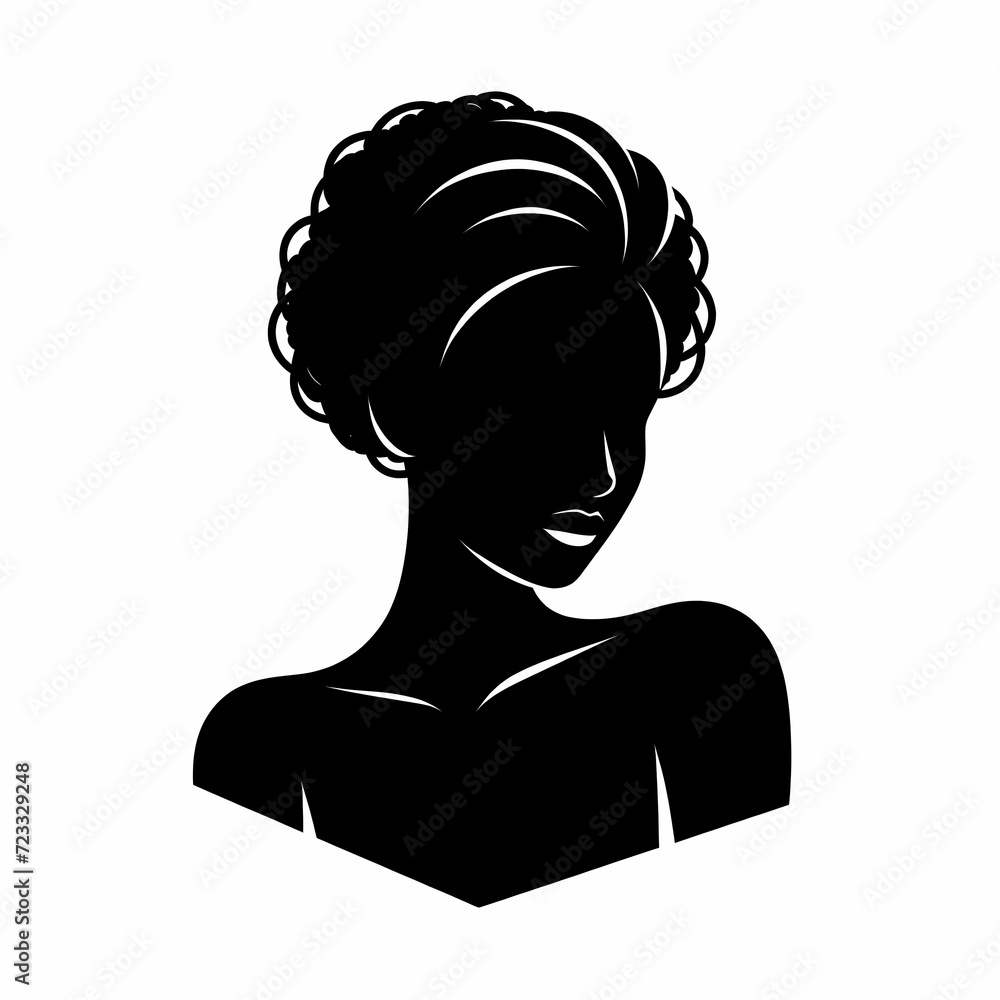 Black silhouette of a woman with a beautiful afro hairstyle on a white background, African beauty, generative ai
