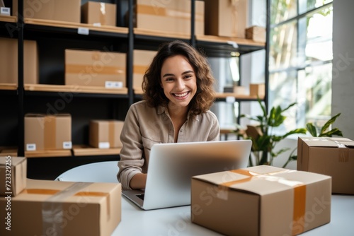 Smiling female online seller working on her laptop Receive and verify online orders to prepare product boxes. Starting a small business owner, selling online, e-commerce