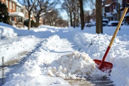 Removing snow from the sidewalk with a shovel to clear it