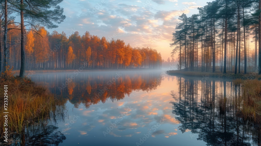  a body of water surrounded by trees in the middle of a forest with a sky filled with clouds and a few oranges and yellows in the middle of the water.