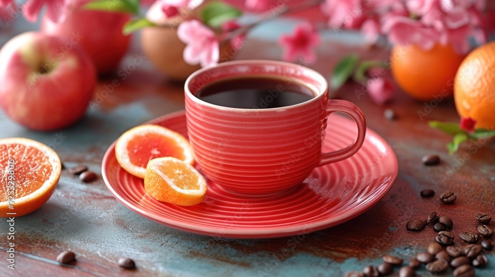 a cup of coffee sits on a saucer next to a plate of oranges and coffee beans on a table with pink flowers and pink flowers in the background. a cup of coffee sits on a saucer next to a plate of oranges and coffee beans on a table with pink flowers and pink flowers in the background.