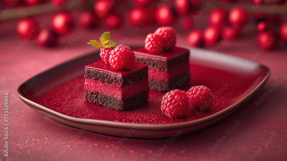 a piece of cake with raspberries on top on a red plate with red bauble balls in the background and a green leaf on the top of the plate. a piece of cake with raspberries on top on a red plate with red bauble balls in the background and a green leaf on the top of the plate.