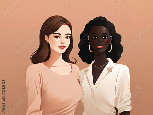 Portrait of two beautiful young women with black hair and different skin colors, ethnicity, friendship, generative ai