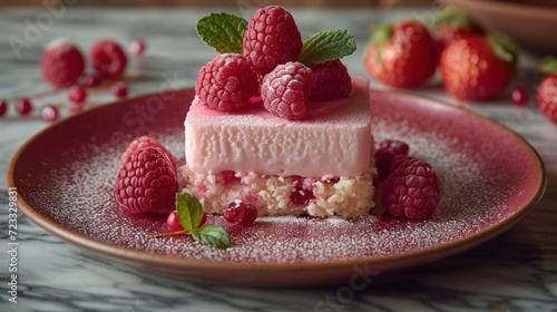  a pink plate topped with a piece of cake covered in raspberries and topped with a slice of cake covered in icing and topped with raspberries.