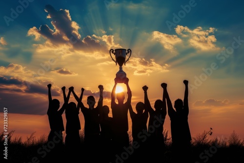 Silhouettes of hands hold trophy winning team sunset