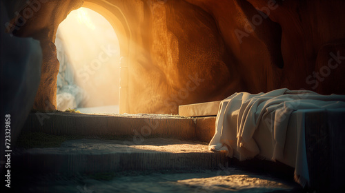 Bible, Easter, Resurrection, The empty tomb of Jesus, where the shrouds lie abandoned. The sun rises.