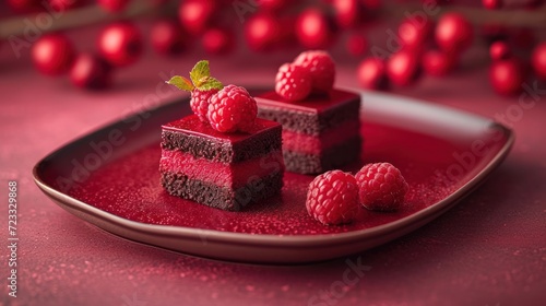  a piece of cake with raspberries on top on a red plate with red bauble balls in the background and a green leaf on the top of the plate.