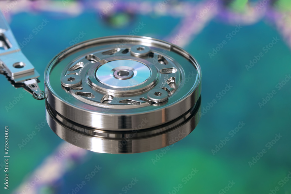 the inside of the hard drive is a close-up the inside of the hard drive is a close-up