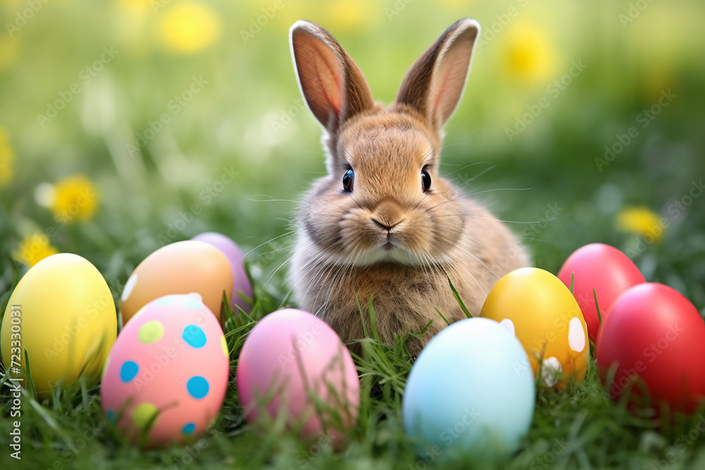 Cute brown bunny with colorful Easter eggs on grass meadow