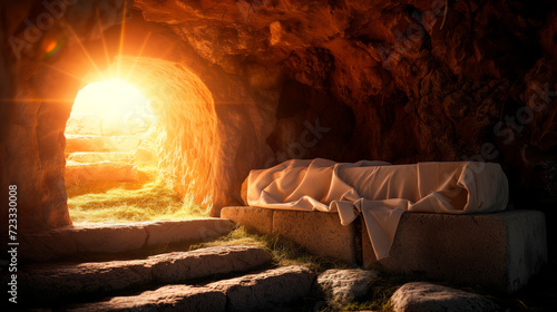 Bible, Easter, Resurrection, The empty tomb of Jesus, where the shrouds lie abandoned. The sun rises.
