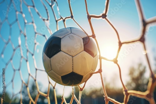 Soccer ball scores a goal in a championship match promoting sports activity © LimeSky