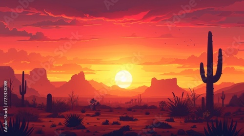 Cartoon desert landscape at sunset