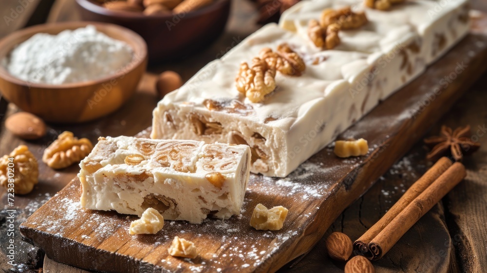 Turron de Alicante on wooden table with nuts Turron de Alicante on wooden table with nuts
