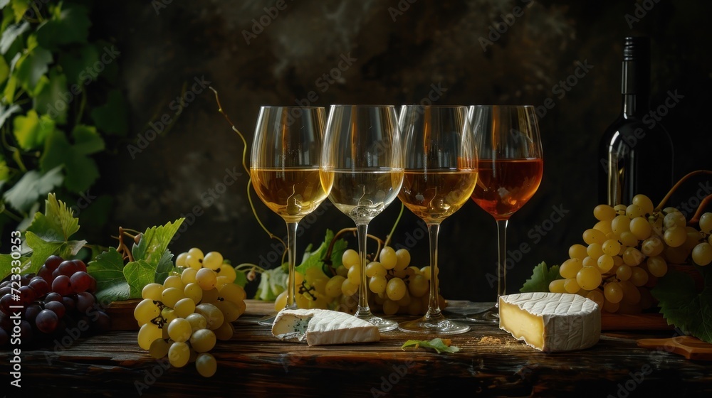  three glasses of wine, cheese, and grapes sit on a table next to a bottle of wine and two glasses of wine on a wooden table with green leaves.