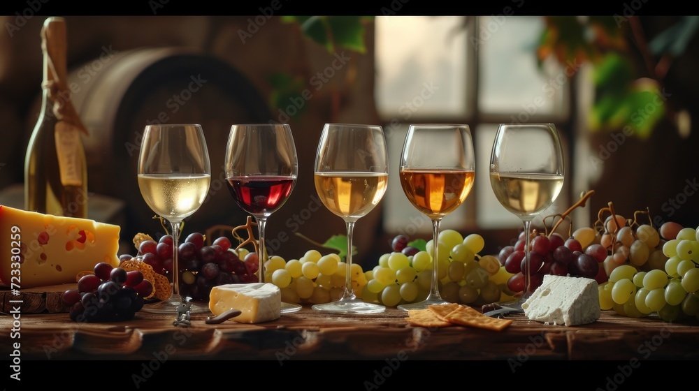  a table topped with lots of glasses of wine next to a bunch of cheese and a bunch of grapes next to a bunch of wine bottles and a bunch of cheese.