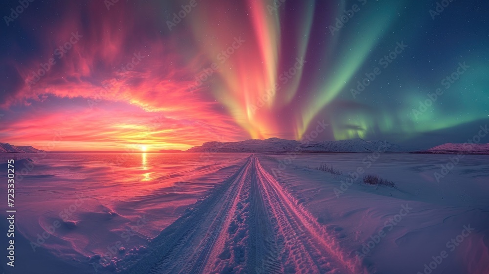  the sun is setting and the aurora lights shine brightly in the sky over a snow covered field with tracks leading to a body of water and a mountain range in the distance.