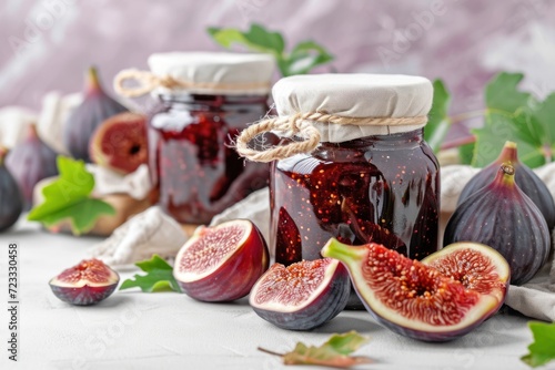 Sweet fig jam in jars placed on a white table