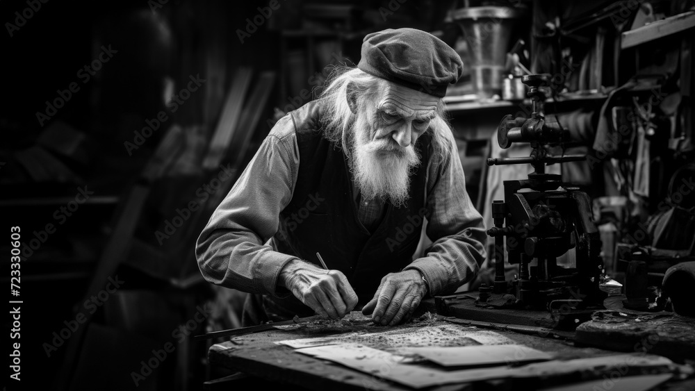 a black and white photograph of an old man/grandfather with a beard with a smiling facial expression. a black and white photograph of an old man/grandfather with a beard with a smiling facial expression.