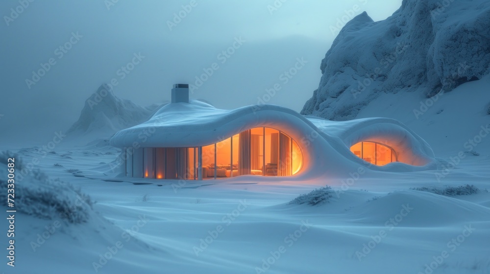  a house made out of snow in the middle of a mountain with a light coming out of it's windows in the middle of the front of the house.