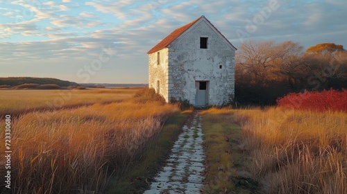  an old abandoned house in a field with a path leading up to the door and a path leading up to the door that leads to the door of the house.