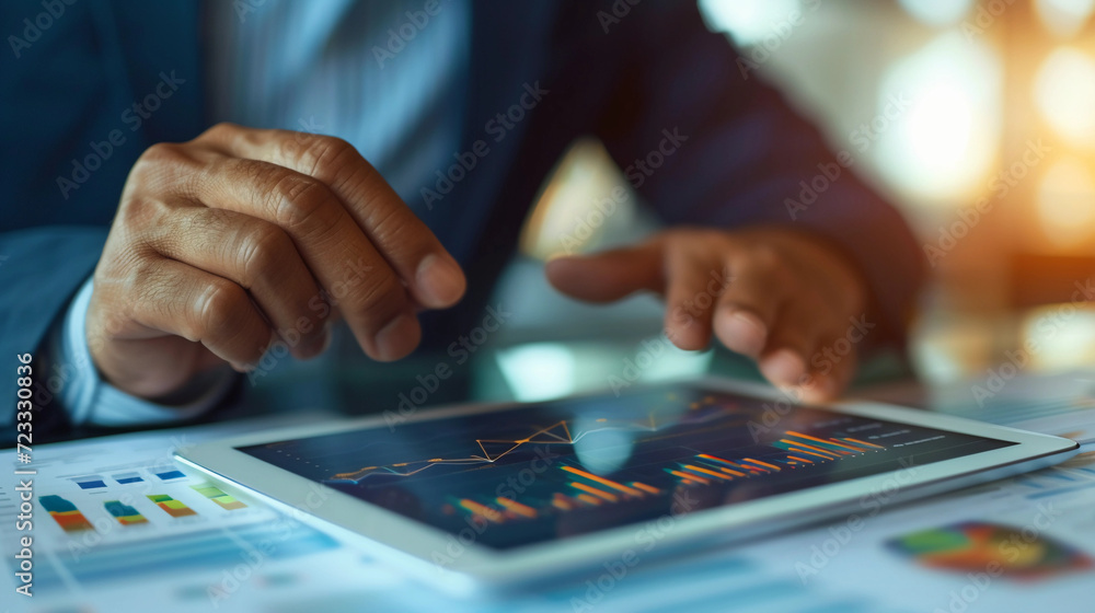 hands analyzing charts and graphs on a digital tablet, with intricate details on the tablet screen showing financial data, in a well-lit modern office environment hands analyzing charts and graphs on a digital tablet, with intricate details on the tablet screen showing financial data, in a well-lit modern office environment