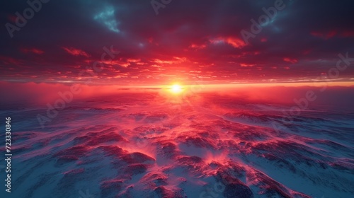  the sun is setting over the horizon of a large body of water in the middle of a large body of water that is surrounded by snow covered mountains and ice.
