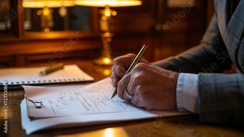 risk management expert's hand writing a risk mitigation plan, with visible notes and diagrams on the paper, in a classic, wood-paneled office setting, under a warm desk lamp light