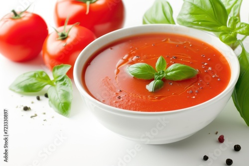 Tomato soup in a bowl White background with space for text