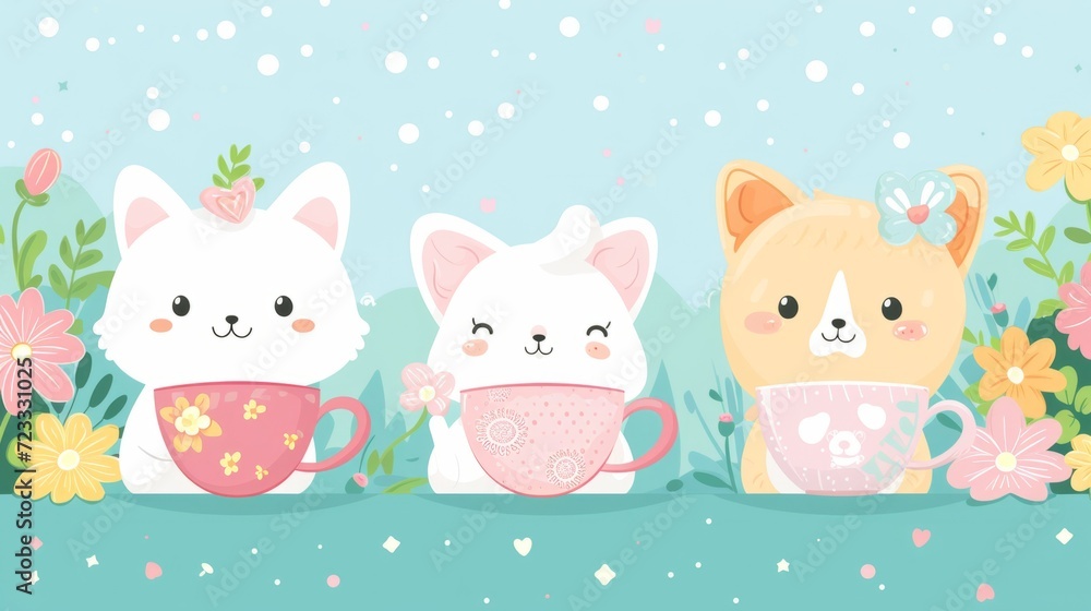 Kawaii cartoon illustration of a cozy tea party with cute animals, pastel colors, and whimsical teacups Kawaii cartoon illustration of a cozy tea party with cute animals, pastel colors, and whimsical teacups