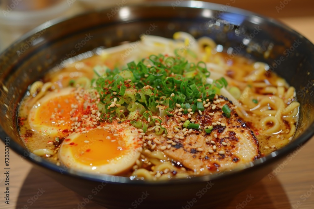 Top view of black bowl with Asian ramen soup containing chicken tofu vegetables and egg against slate background