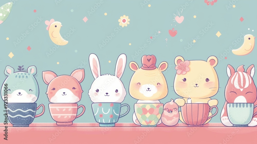 Kawaii cartoon illustration of a cozy tea party with cute animals, pastel colors, and whimsical teacups Kawaii cartoon illustration of a cozy tea party with cute animals, pastel colors, and whimsical teacups