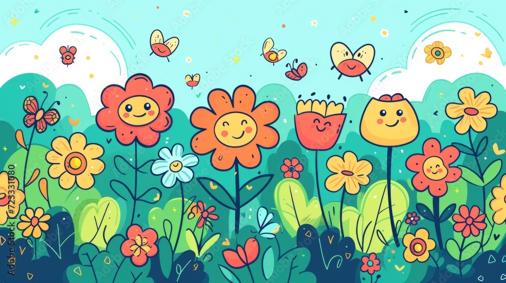 Kawaii style, cute and adorable doodle of a garden with smiling flowers