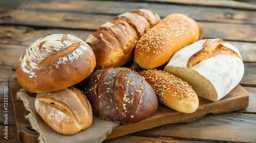 Bread Symphony: A Harmony of Assorted Breads on Wooden Elegance. Generative AI