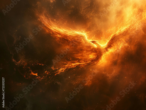 phoenix rising from ashes, a metaphor for rebirth and recovery, with emphasis on the fiery details and dynamic, dramatic lighting against a dark, moody background