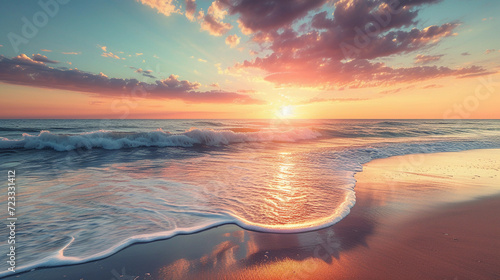 beach scene at sunrise, symbolizing peace and recovery, with gentle waves, soft sand, and a vibrant, colorful sky reflecting on the water