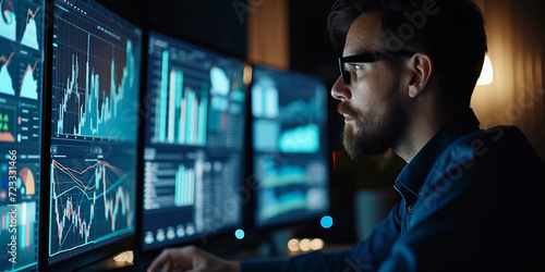 risk analyst at work, focused on multiple computer screens displaying intricate risk models and financial data, in a dimly lit, quiet office setting