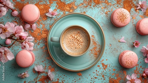 a cup of coffee sitting on top of a saucer next to some pink macaroni and cheese covered in powdered sugar and sprinkled with pink flowers.