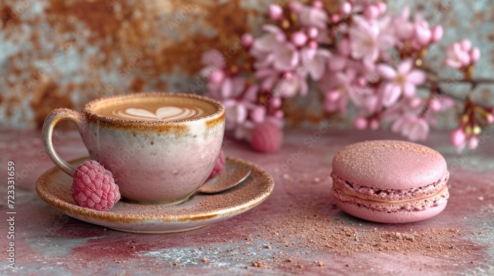coffee and macaroons on soft pink background coffee and macaroons on soft pink background
