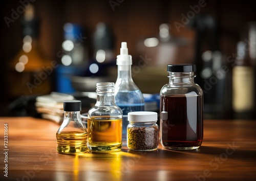 Assorted laboratory glassware with liquids and seeds on a wooden table