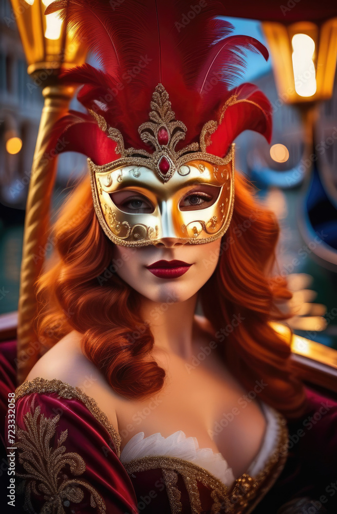 Venetian Carnival portrait of redheaded woman in masquerade richly decorated mask is sitting in luxurious gondola, Atmosphere of mystery, fantasy, medieval torches on blurred background, soft focus