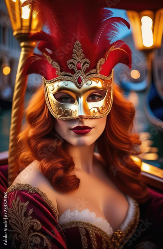 Venetian Carnival portrait of redheaded woman in masquerade richly decorated mask is sitting in luxurious gondola, Atmosphere of mystery, fantasy, medieval torches on blurred background, soft focus