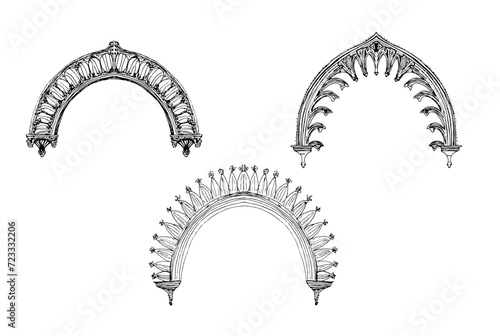 Set of three ornate arch moldings, illustrations in gothic, baroque style 